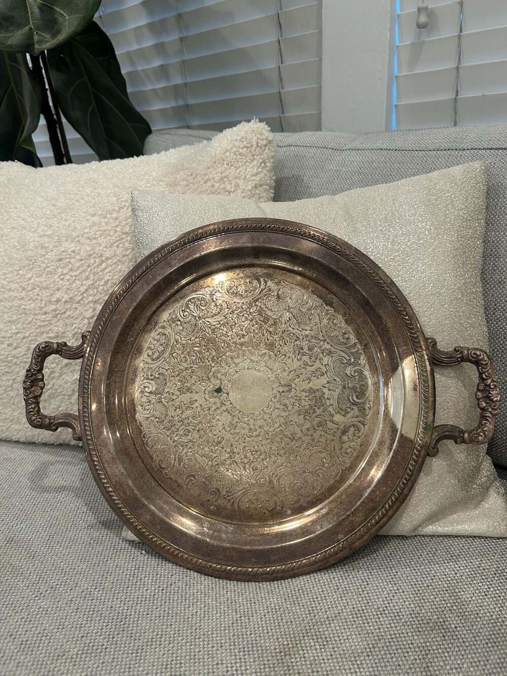 Vintage Silverplate Round Serving Tray with Ornate Handles and Etched Floral Des
